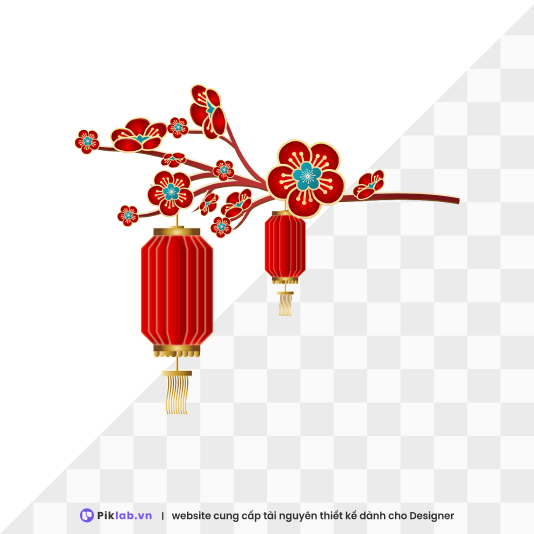 Design resource Red peach branch with traditional lantern happy new year tet holiday isolated on transparent cành đào đèn lồng PNG tết